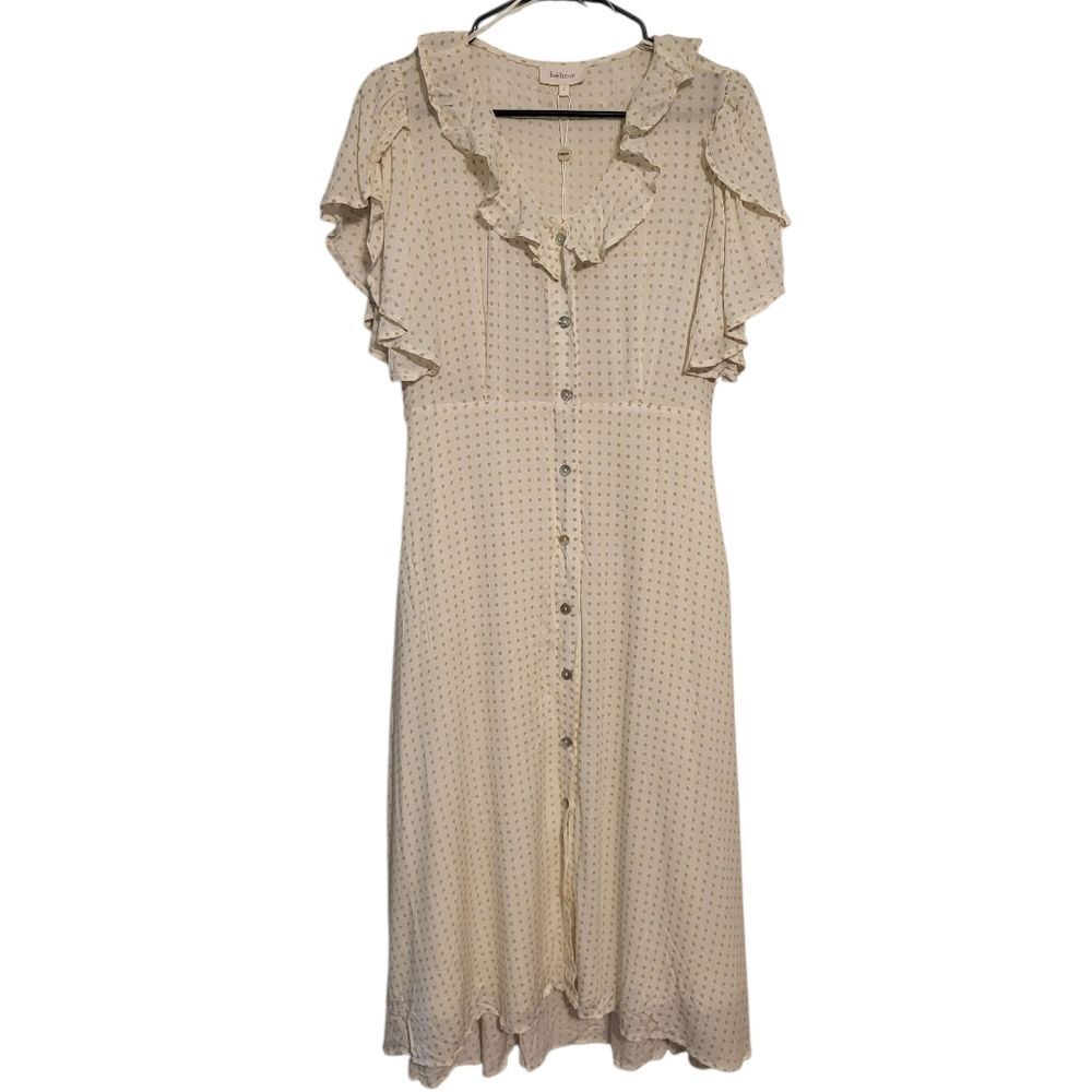Bohme Ruffle Neck Polka Dot Flutter Sleeve Button Front Boho Midi Dress, L NEW - Picture 2 of 16